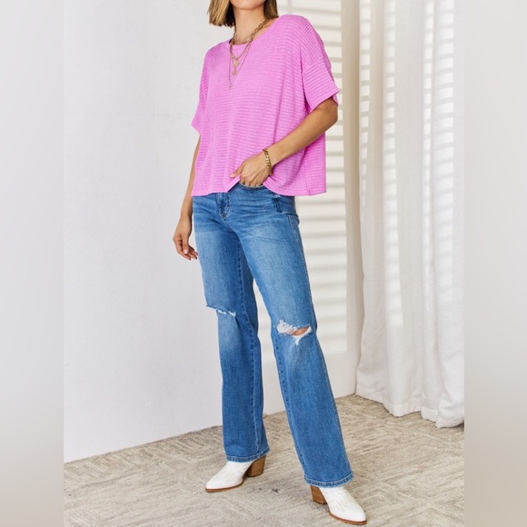 NEW Zenana PLUS + REG Size Mauve Oversized Woven Waffle Knit Short Sleeve Tee - Picture 6 of 6